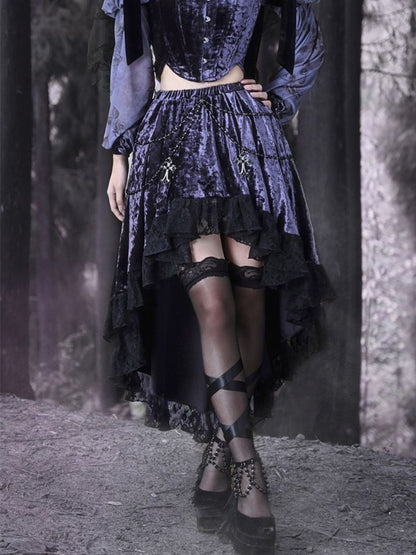 Gothic Cross Beaded Chains Purple Velvet High-low Skirt