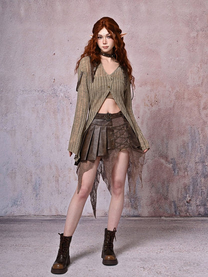 Chains Decorated Dark Brown Wasteland Punk Pleated Handkerchief Skirt