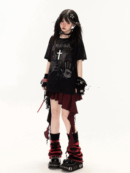 White/Black Round Neck Punk Print Semi-sheer Coverup