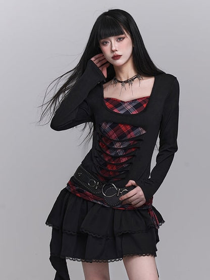 Sweetheart Neckline Distressed Holes Faux Two-pieces Red Plaid Top