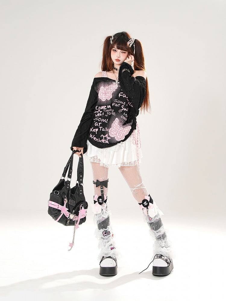 Pink Plaid Butterfly Appliques Black/White Off-the-shoulder Distressed Holes Coverup