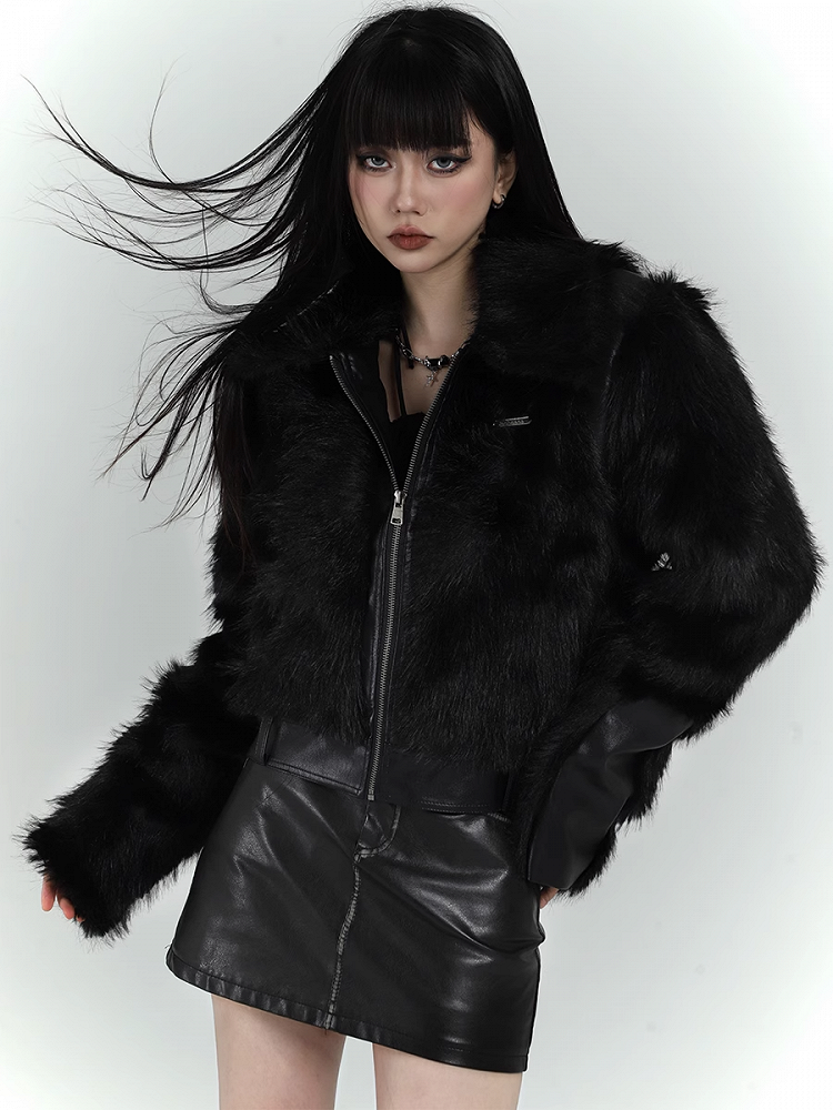 Black Zip Closure Shaggy PU Jacket
