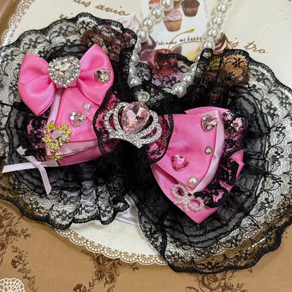 Black&Pink Rhinestone Heart And Crown Decorated Lace Trim Bowknot Pendant Beaded Necklace