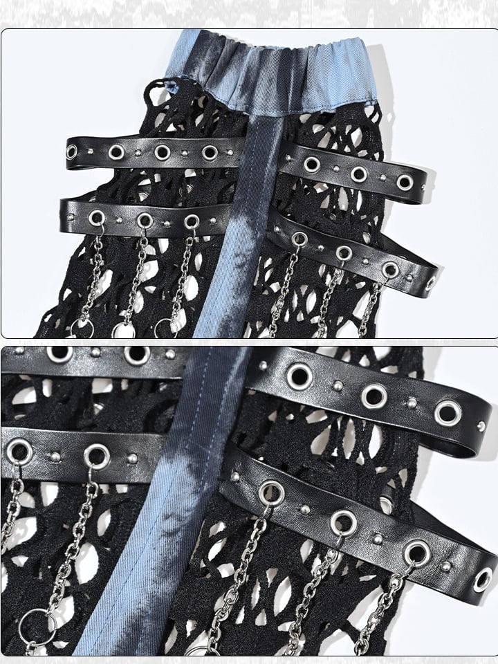 Grunge Punk Rock Mesh Patchwork Blue and Black Tie Dye Leg Warmers PU Straps with Chains Design