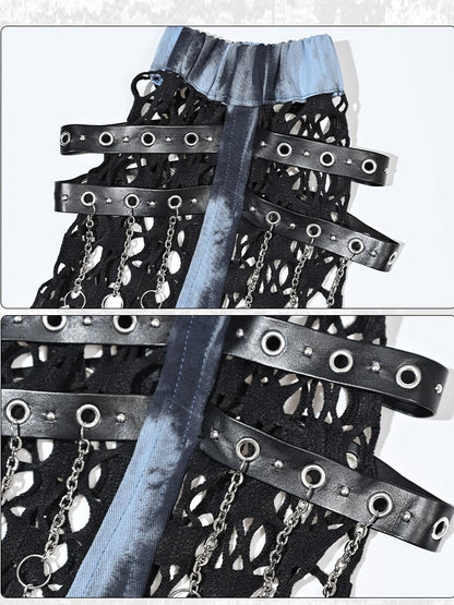 Grunge Punk Rock Mesh Patchwork Blue and Black Tie Dye Leg Warmers PU Straps with Chains Design