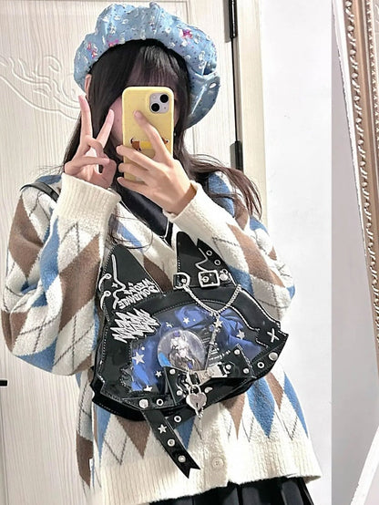 Punk Cat Polished Black PU Tote Ita Bag with Chain and Studs and a Free Card Holder