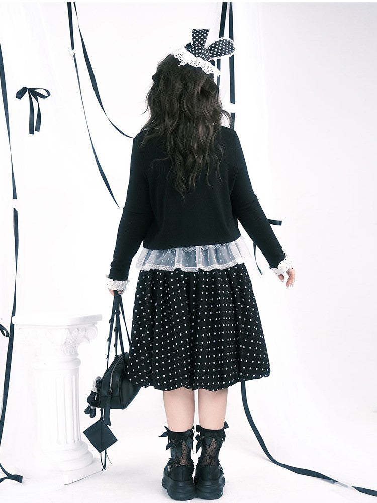 Plus Size Black Below-Knee Skirt with White Polka Dots & Side Zipper