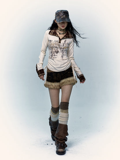 Plush Trim Corduroy Black & Yellow Shorts