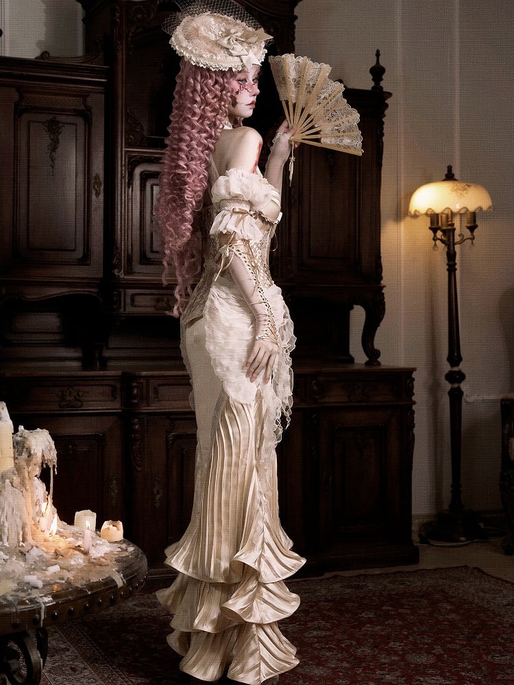 Pleated Design Layered Flowing Flounce Hem Light Beige Mermaid Skirt