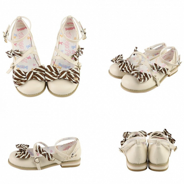Beige&Brown Striped Pattern Bow at Top Crisscross Design Heart Buckles Lolita Shoes