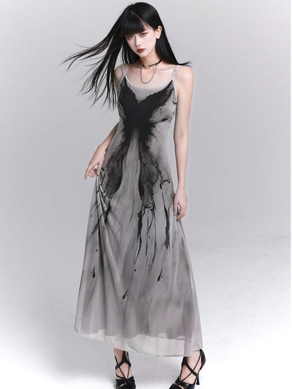 Gothic Gray Butterfly Print Slim-fitting Slip Dress