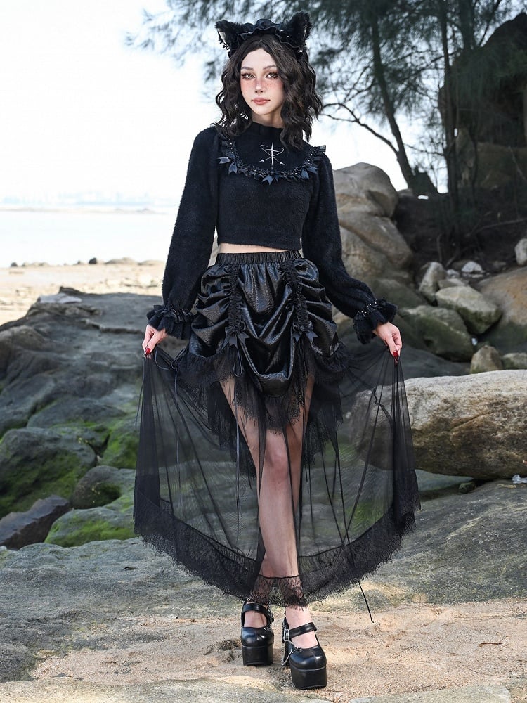 Bowknot Details Black Ruffle Neckline Cropped Sweater