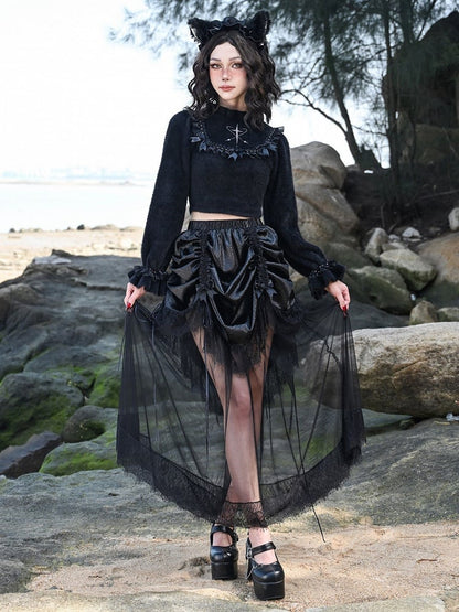 Bowknot Details Black Ruffle Neckline Cropped Sweater