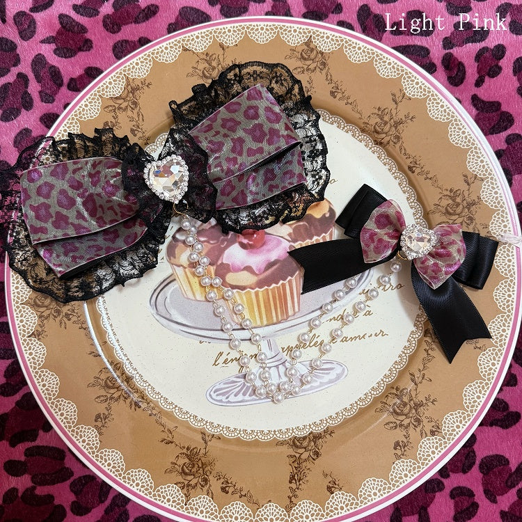 Two Black&Dark/Light Pink Rhinestone Heart Decorated Bead Chain Bowknot Hairclips