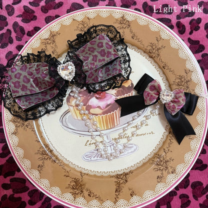 Two Black&Dark/Light Pink Rhinestone Heart Decorated Bead Chain Bowknot Hairclips