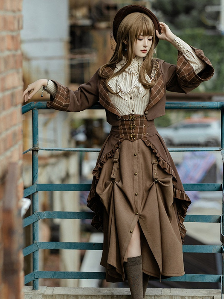 Steampunk Dark Brown Plaid Pattern Ruffled Hem Train