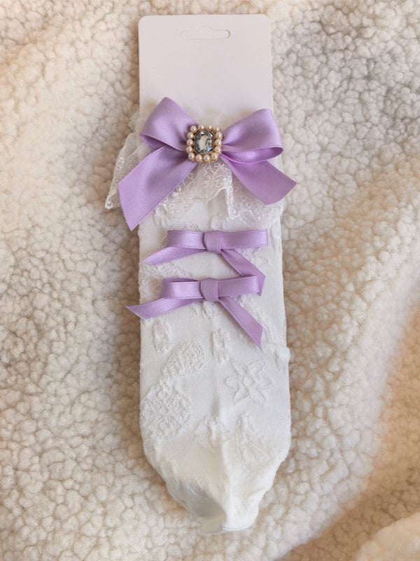 White/Black Jirai Kei Bowknot Details Rhinestone Lace Cuffs Calf Socks