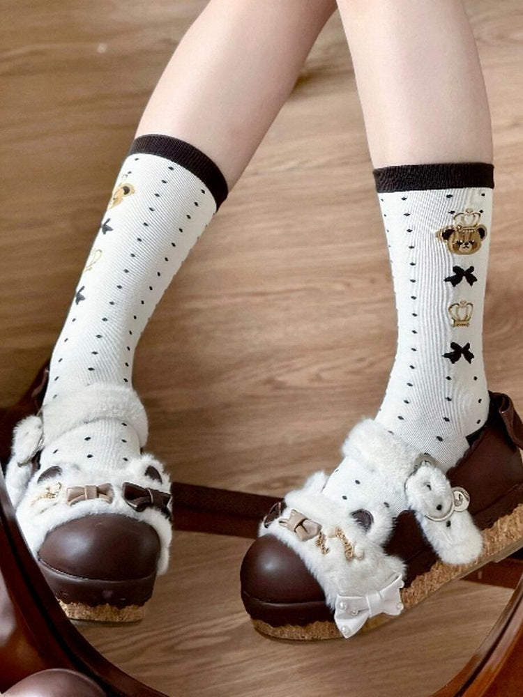 Black Bear and Crown Print Polka-dot Pattern Lolita Calf Socks