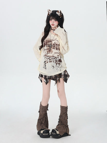 Lace-up Neckline Ink-jet Print Black/Apricot Distressed Holes Knit Coverup