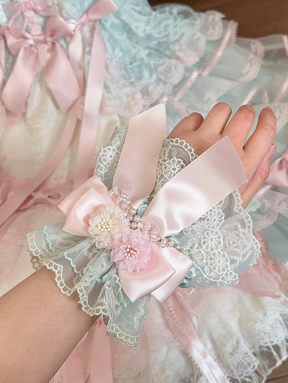 Green&Pink Floral Design Beaded Charm Bowknot Wrist Cuffs