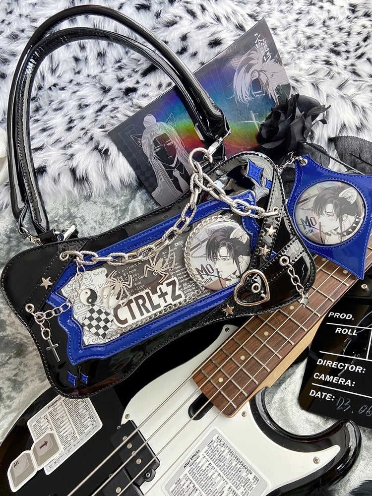 Black & Dark Blue Bone Shape Ita Shoulder Bag with Cross Charm Chain