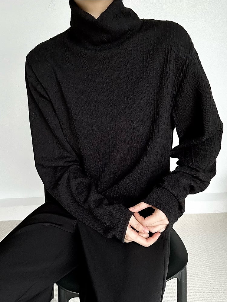Ouji Lolita Black Cable-Knit Turtleneck Sweater with Ribbed Texture