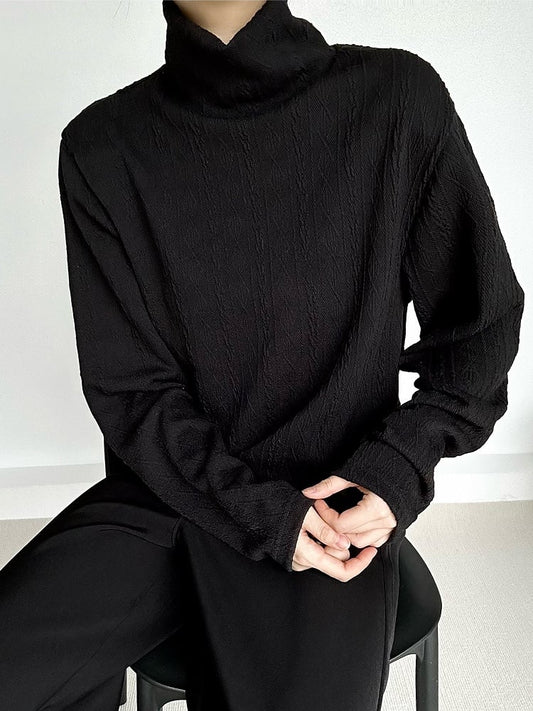 Ouji Lolita Black Cable-Knit Turtleneck Sweater with Ribbed Texture