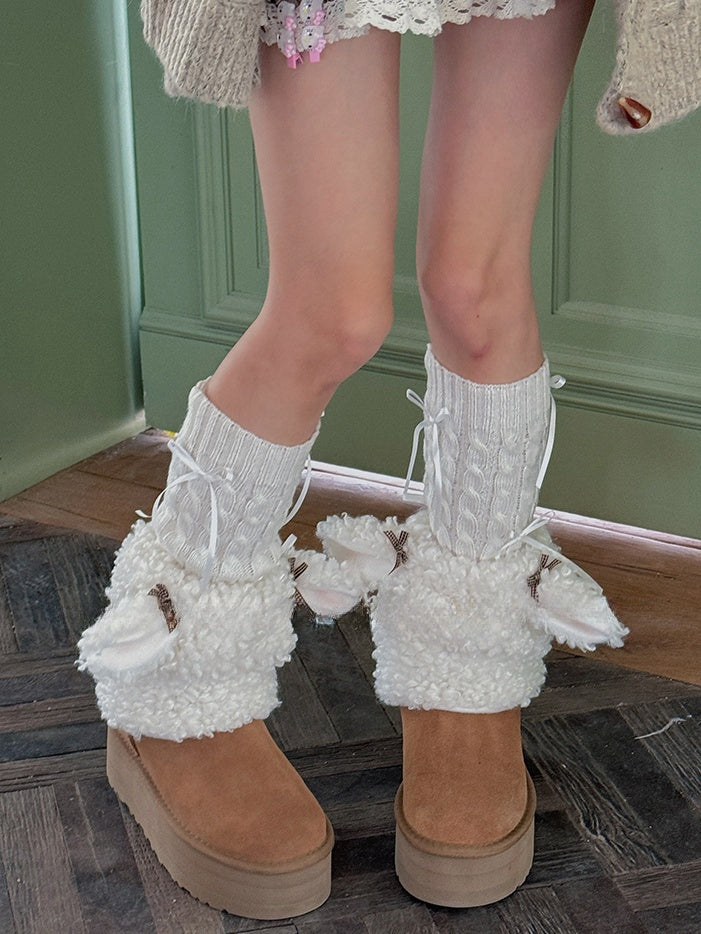 White Sweet Bowknot Knitted Leg Warmers