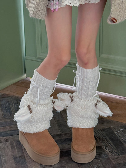 White Sweet Bowknot Knitted Leg Warmers