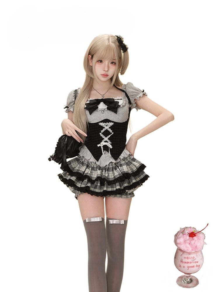 Gray Square Neck Knit Top with Short Puff Sleeves and Bow Accent