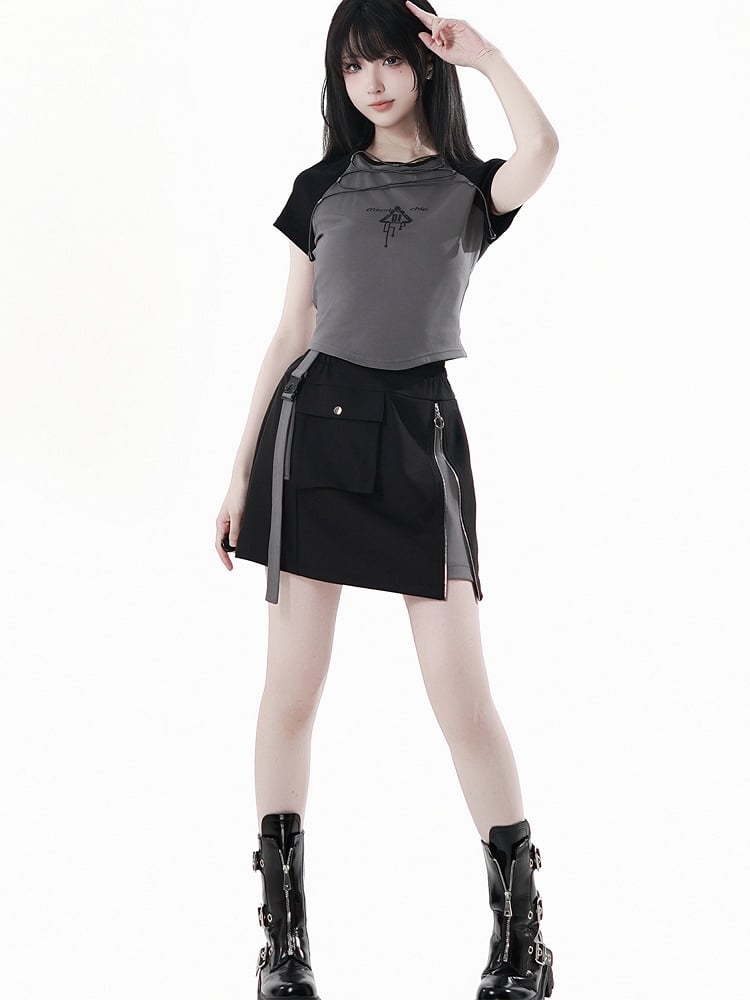 Black and Gray Colorblock Design Lace-up Front Techwear T-shirt