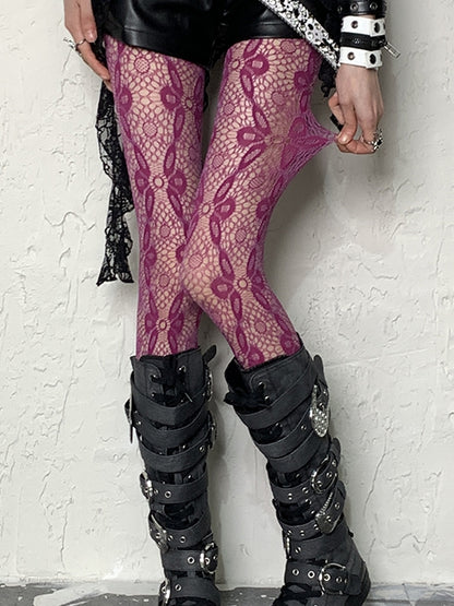 Rose Red Y2K Hollow-out Floral Pattern Tights
