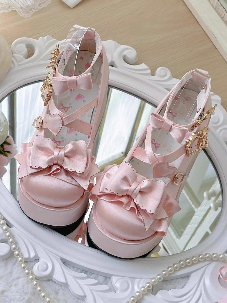 Pink Bear Buckle Straps Bowknot Platform Shoes with Bear Embroidery