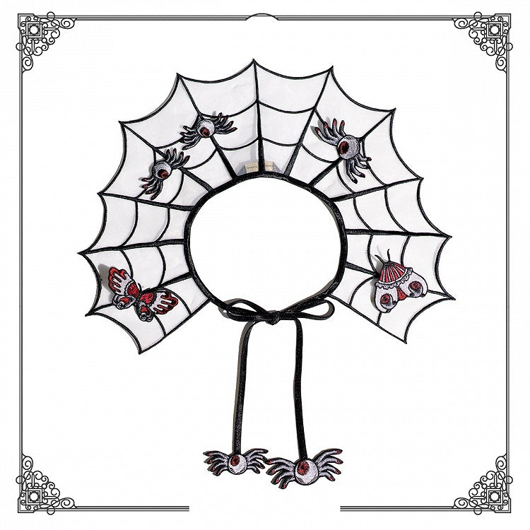 White and Black Spider Web Embroidery Organza Fake Collar with Detachable Butterfly and Moth Brooch