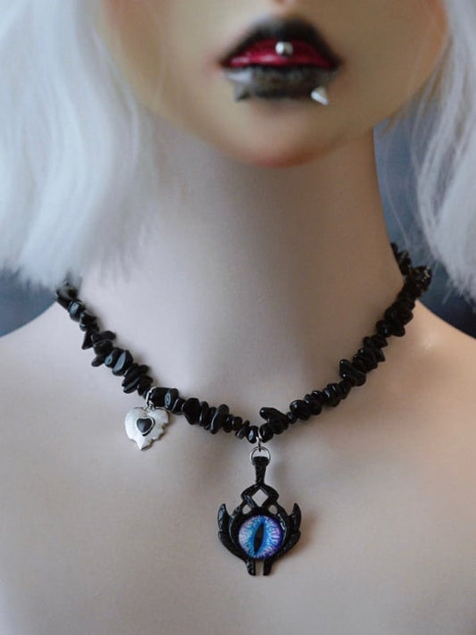 Black Gothic Demon Eye And Heart Pendant Crushed Stone Necklace