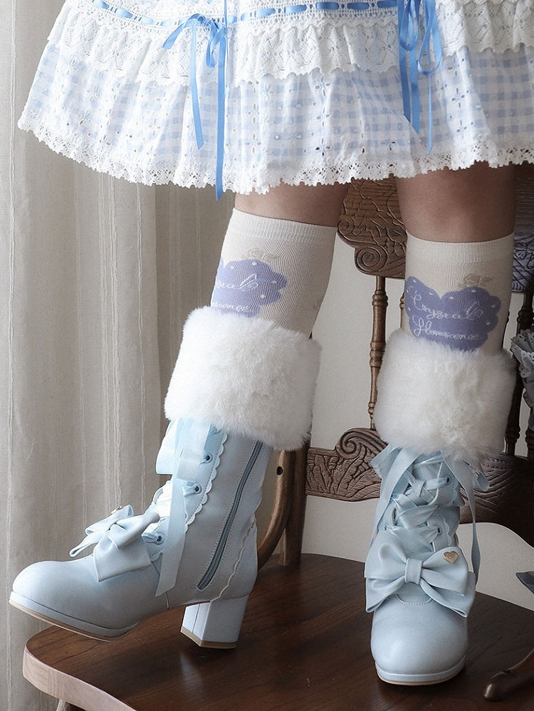 Mid-heel Sweet Blue Lolita Boots with Bow-shaped Shoe Clips & Detachable Plush Cuff