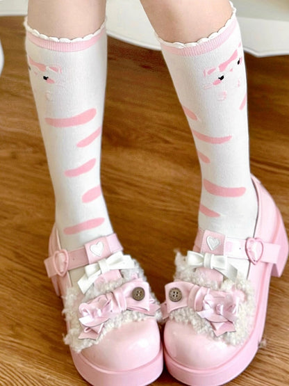 Pink Kitty Print Bowknot Pattern White Lolita Calf Socks