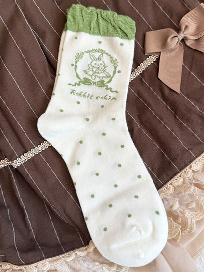 Mint Green/Pink/Black/Brown Lolita Bunny Print Polka-dot Pattern Ruffled Calf Stock