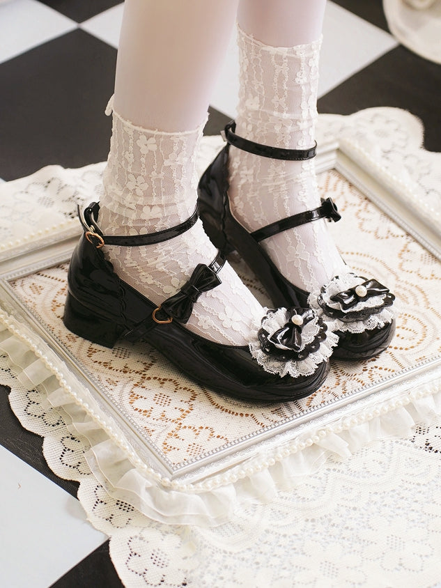 Black Bow at Top Lace Trim Heart Buckles Round Toe Lolita Shoes
