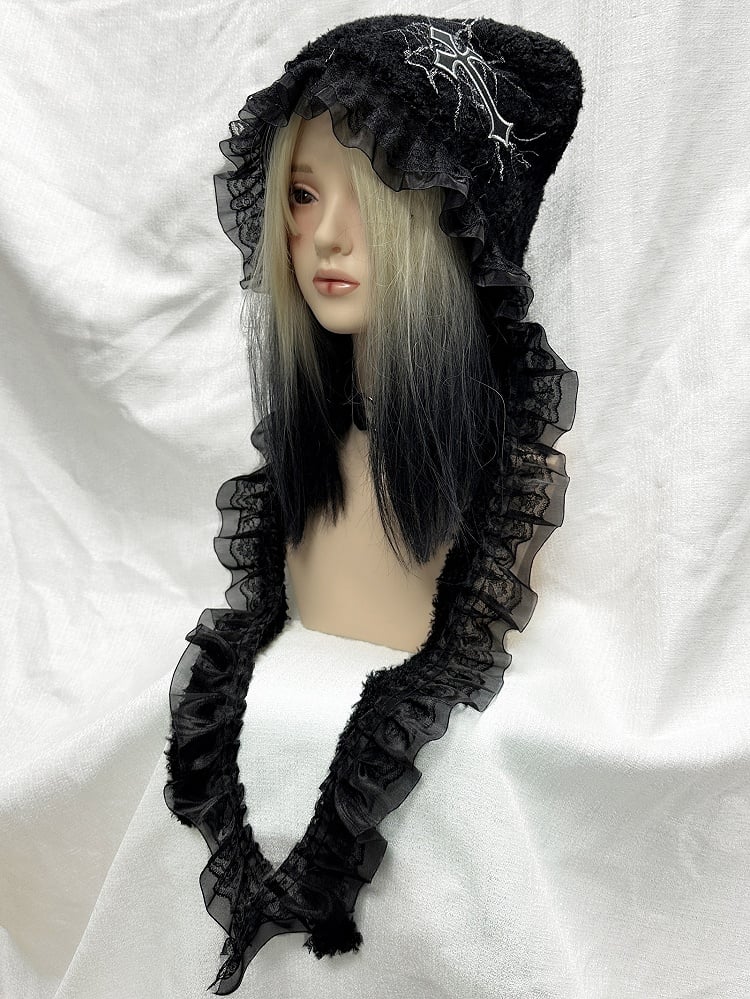 Y2K Black Cross Applique Lace Trim Punk Knit Hat