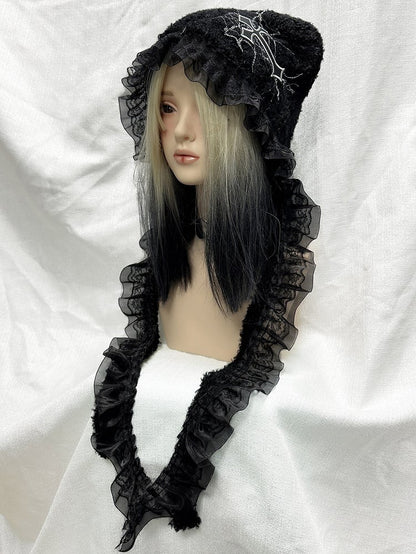 Y2K Black Cross Applique Lace Trim Punk Knit Hat