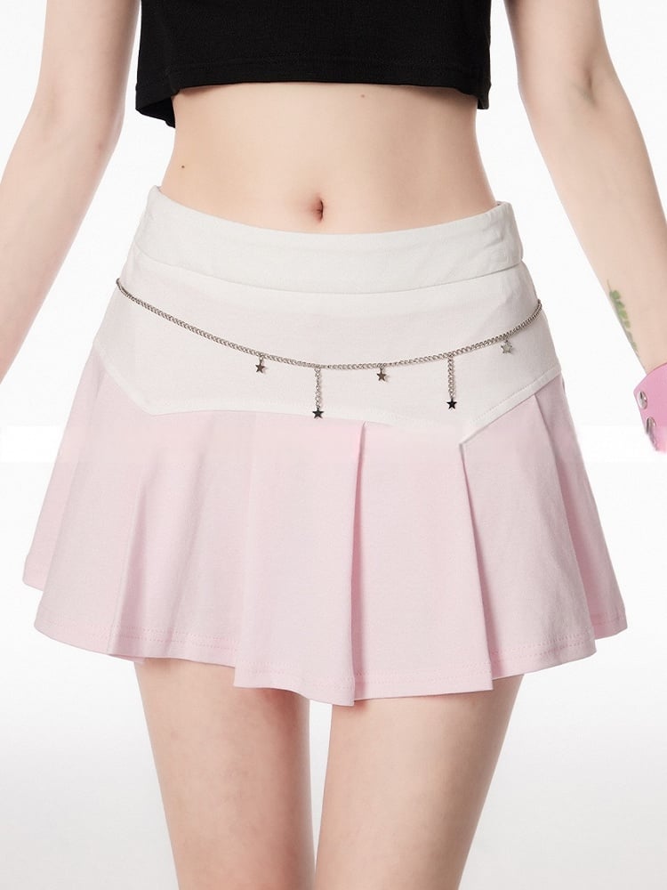 Pink and White Colorblock Design Pleated Skirt