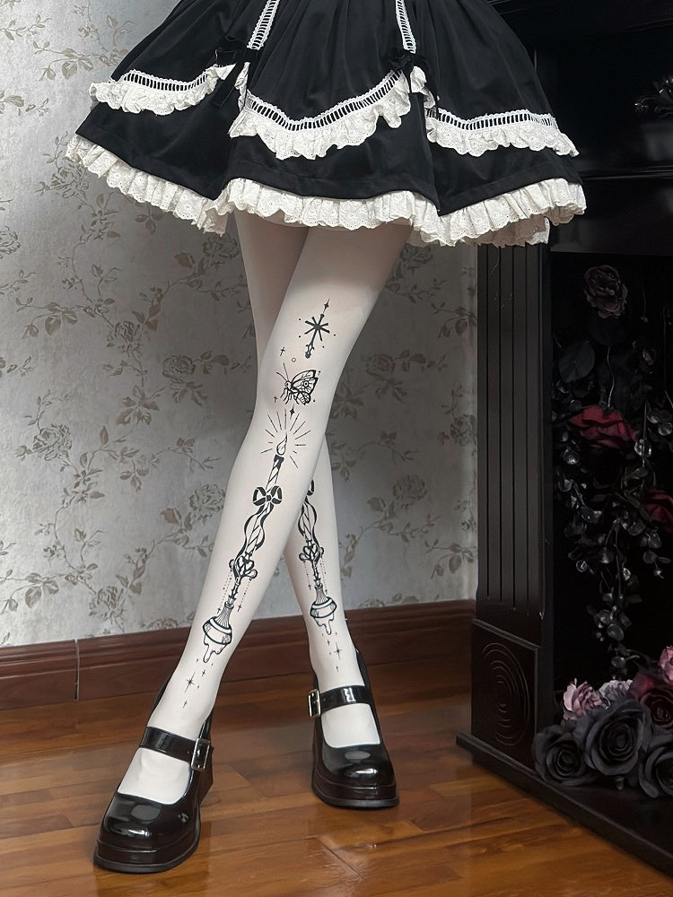 Butterfly and Candelabra Print Gothic Lolita White Tights