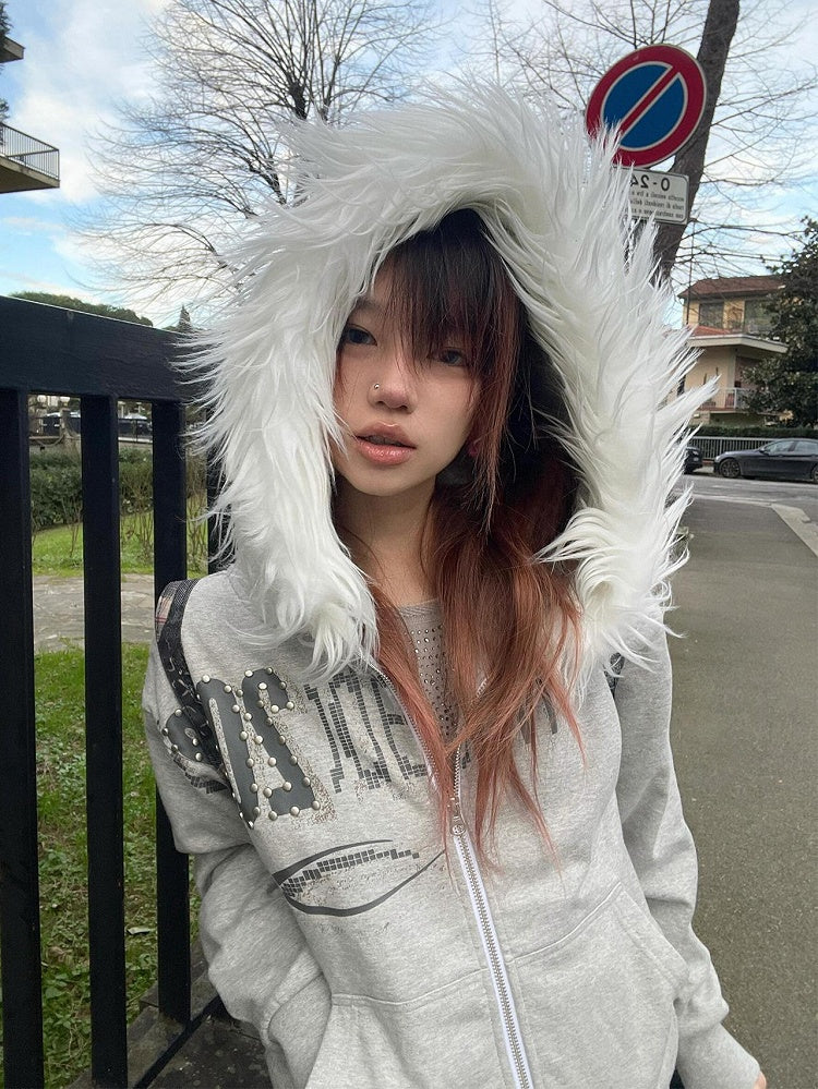 Gray Y2K Zip-Up Hoodie with Faux Fur Trim and Graphic Print