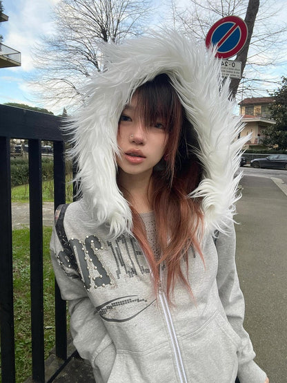 Gray Y2K Zip-Up Hoodie with Faux Fur Trim and Graphic Print