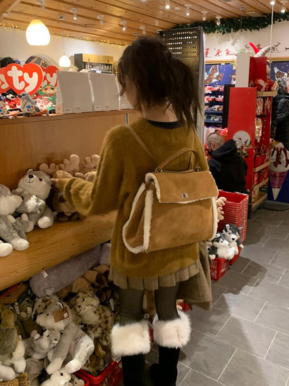 Vintage Brown Plush Patchwork Backpack - Perfect for Fall and Winter