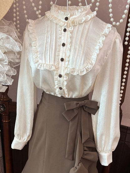 Beige Ruffle Neckline Long Sleeves Shirt