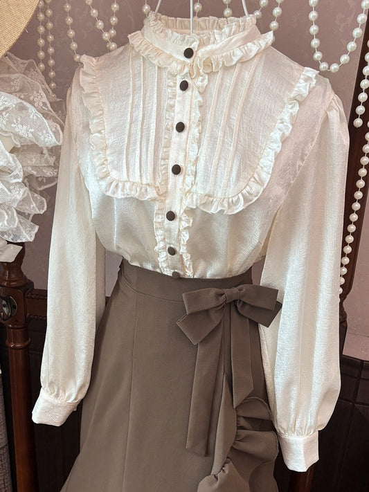 Beige Ruffle Neckline Long Sleeves Shirt