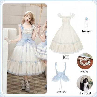Beige and Light Blue Slim Fit Waist Versatile Neckline Lolita JSK Full Set