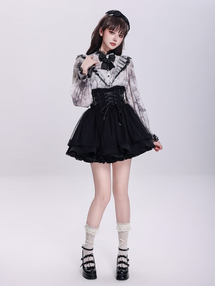 Elegant Gray Floral Jirai Kei Blouse